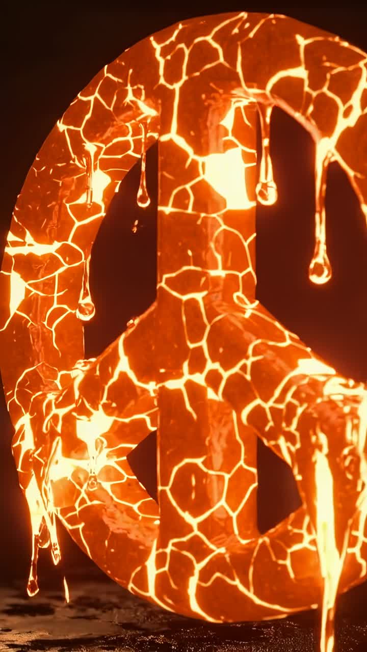 Video verticale: Crepe luminose fanno sciogliere una scultura a forma di segno della pace, che gocciola su un set scuro.