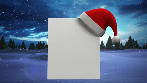 Animation-of-blank-card-with-copy-space-and-santa-hat-over-snow-falling-and-winter-scenery