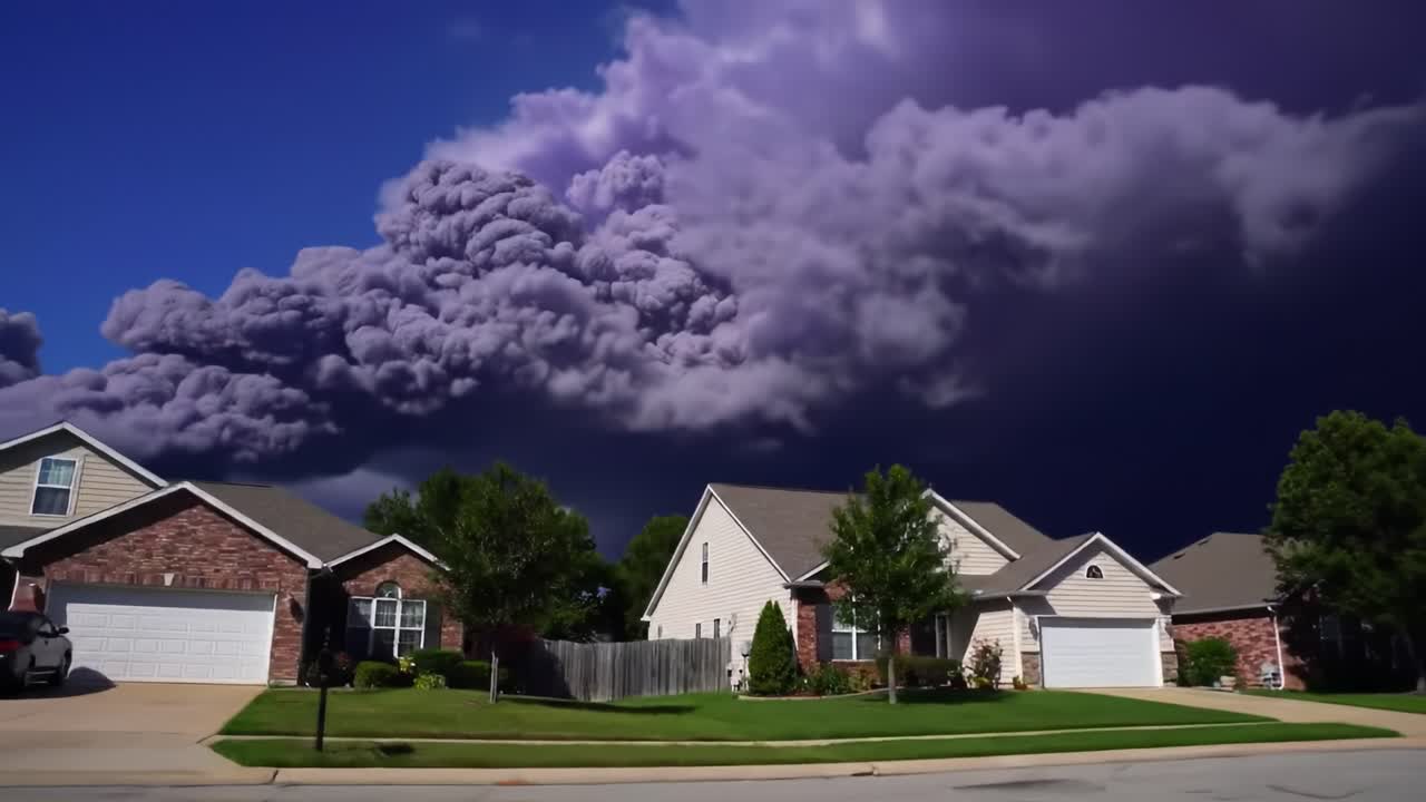 A Dramatic Transformation: The Skyline Over Suburban Homes as Thunderous Clouds Unleash Their Fury with Dark Hues and Natural Majesty in a Breathtaking Storm