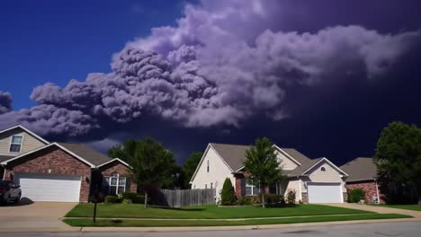 a dramatic transformation: the skyline over suburban homes as thunderous clouds unleash their fury with dark hues and natural majesty in a breathtaking storm