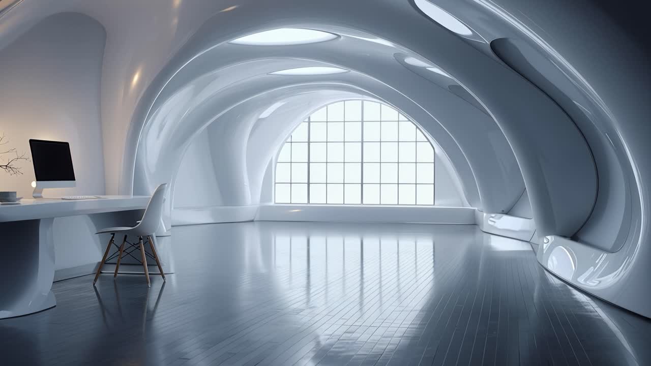 Minimalistisk hvidt kammer med flydende, buet arkitektur. Moderne skrivebord og stol står under blødt omgivende lys. Et stort vindue lader naturligt lys oversvømme rummet.