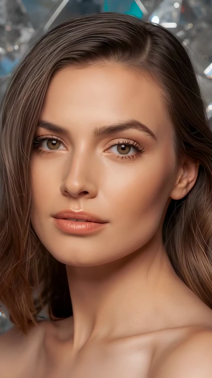 Vertical video: Tilting head in close-up, strapless-top model with crystals, showing cheekbones