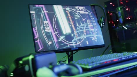 video de equipos de computadora y juegos en un escritorio con espacio de copia en un fondo de neón