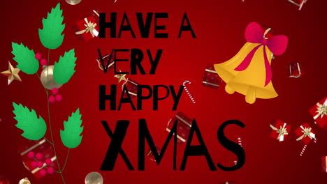animation of have a very happy xmas text over christmas decorations on red background