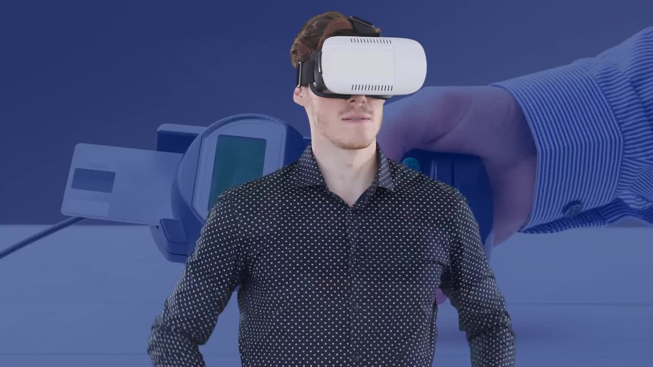 animación de un hombre de negocios con auriculares vr tocando la pantalla virtual sobre la terminal de pago