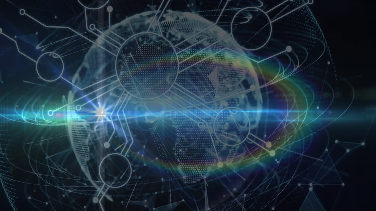 무지개 렌즈 플레어, 마이크로프로세서 연결 및 전 세계에 대한 빛의 흔적의 애니메이션