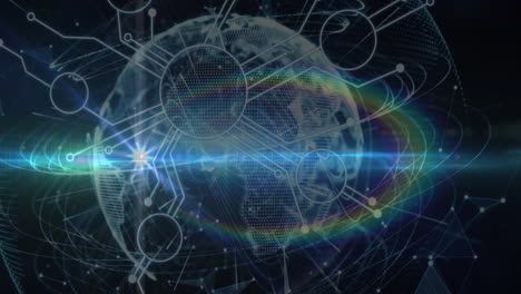 animación del destello de la lente arco iris, las conexiones del microprocesador y los rastros de luz sobre un globo.