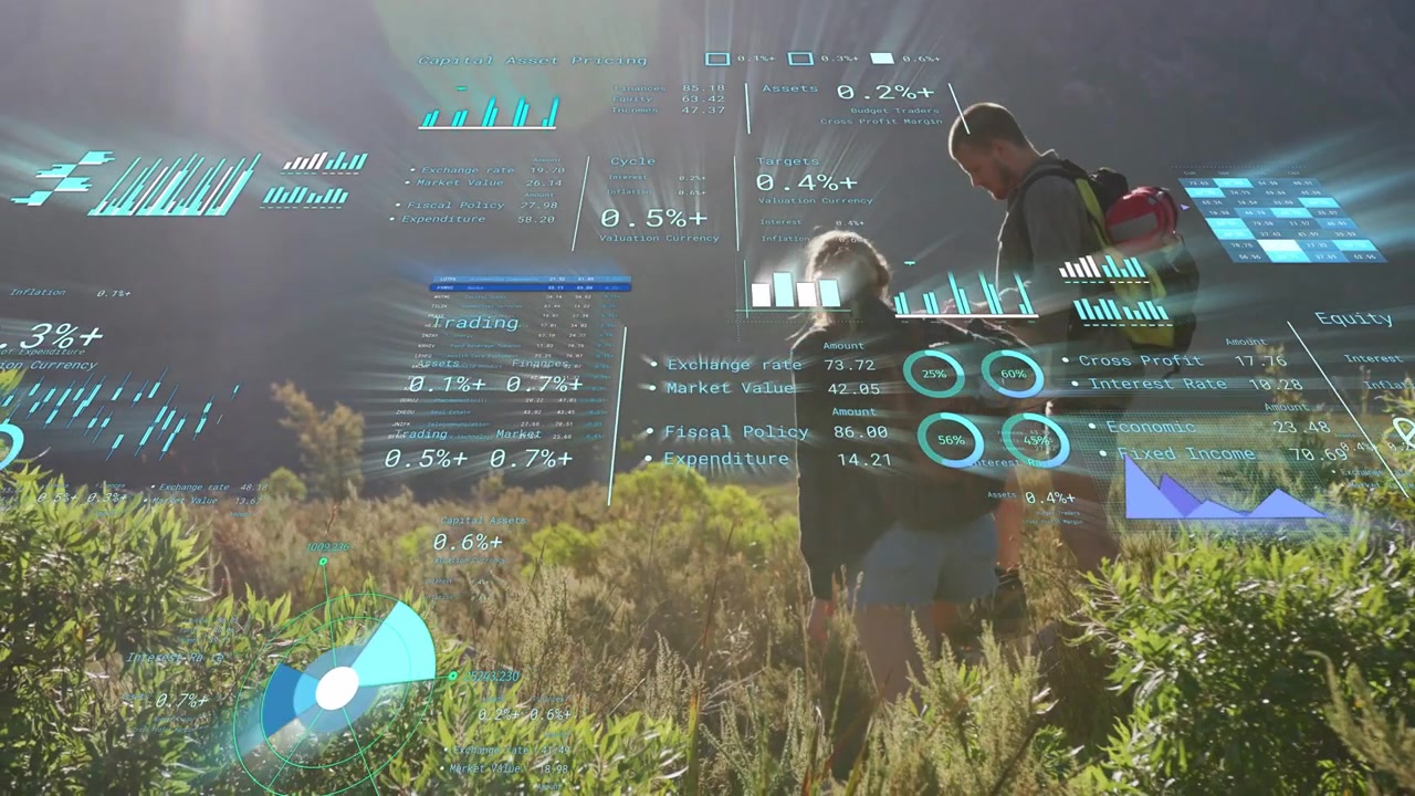 Woman pointing while hikers climbing meadow, AR HUD activating navigation charts over heads torsos