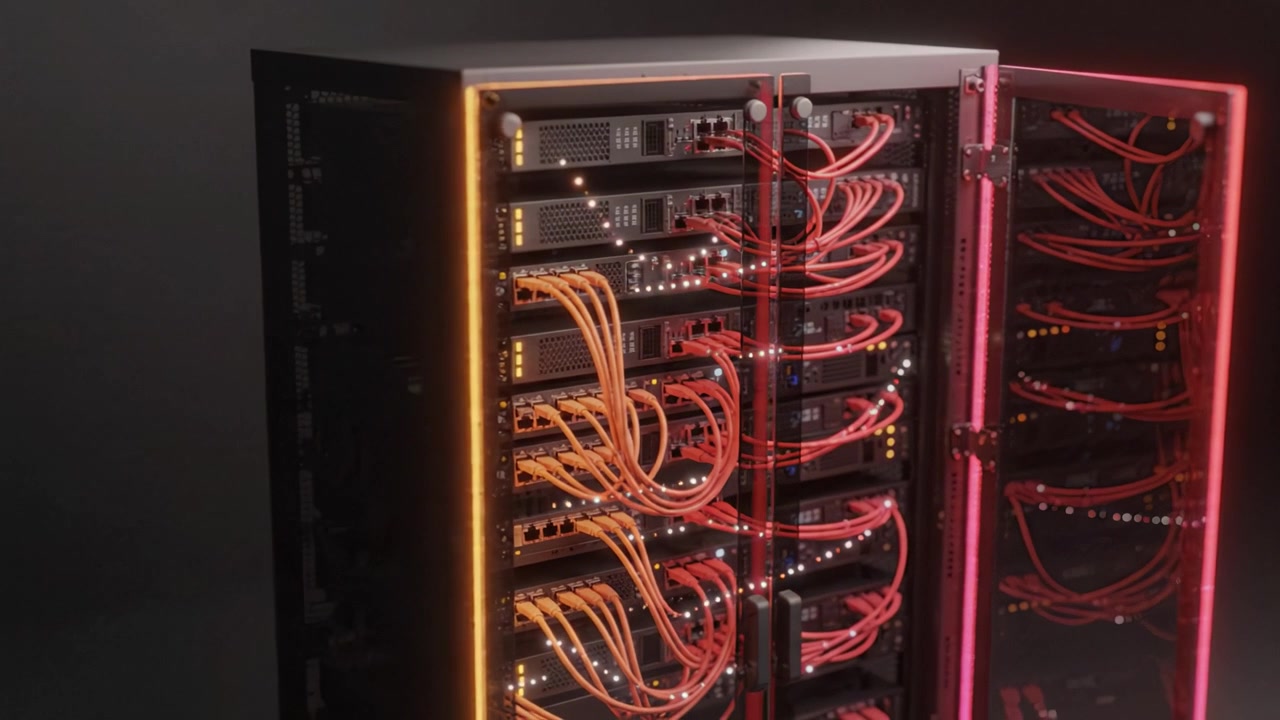 High-Tech Data Center with Illuminated Server Rack Featuring Colorful Network Cables and LED Indicators in a Dim Environment for Optimized Performance and Security