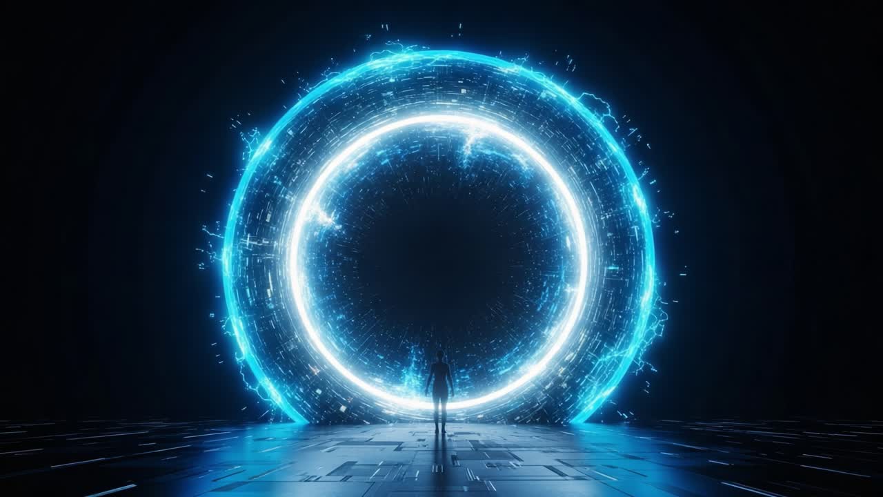 A Mysterious Portal Emerges from the Darkness, Illuminated by a Vibrant Blue Light, Inviting Exploration and Discovery into Another Realm Beyond Human Comprehension