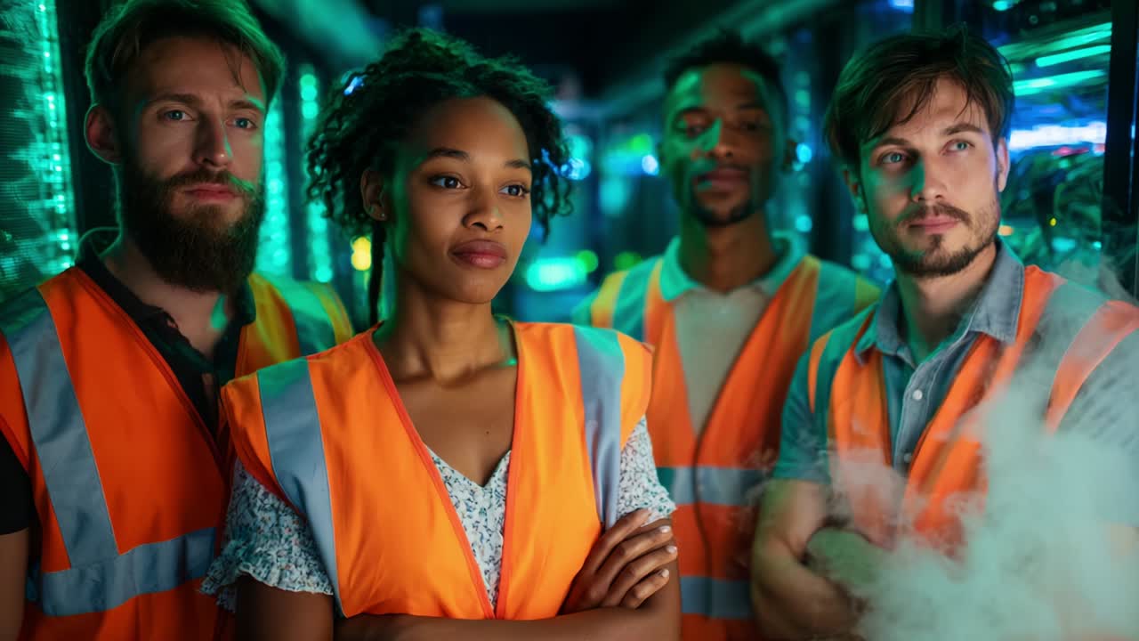 A dynamic group of technicians in reflective safety vests stand confidently in a futuristic environment illuminated by LED lights, showcasing teamwork and professionalism in a high-tech setting