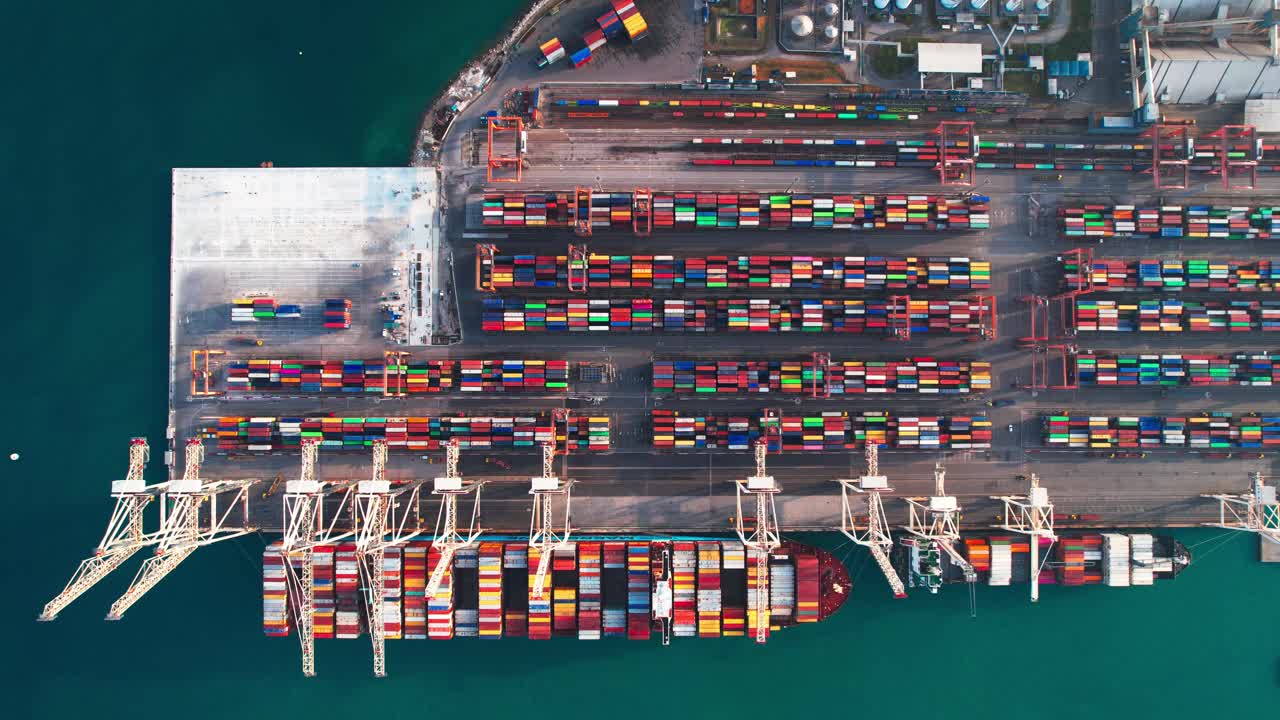 Container port aerial top down view, Koper Slovenia