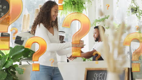 animation of question marks over diverse people in cafe