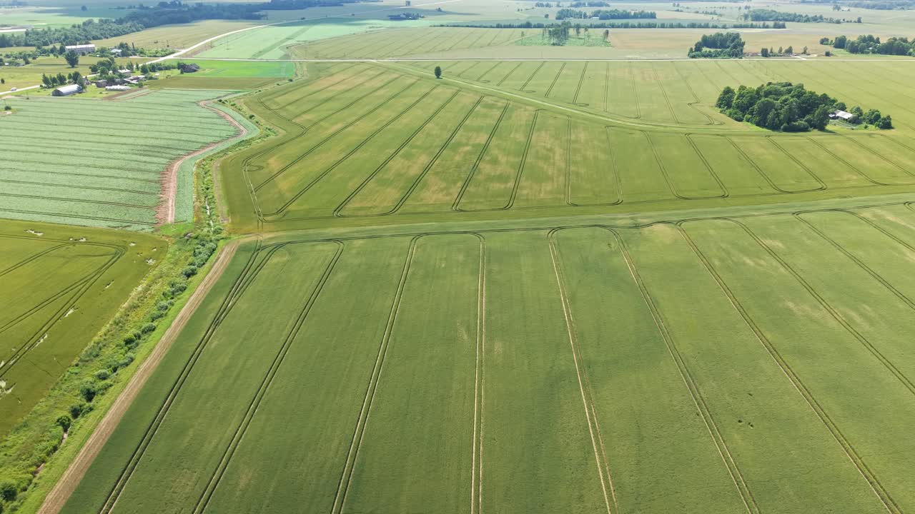 Wide aerial panning of grain fields, patchwork of crops and green land under clear sky