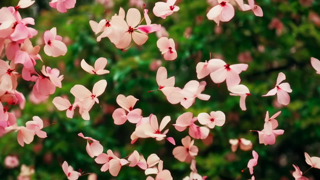 Verwehte rosafarbene Blütenblätter, die im Garten in der Brise herabwirbeln und von einem blühenden Strauch fallen