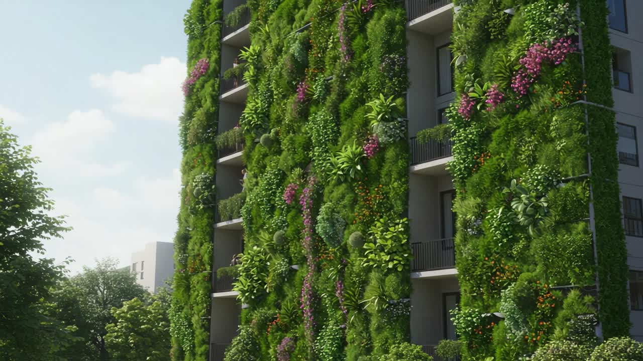 A Captivating Green Vertical Garden on an Apartment Building Showcasing the Integration of Nature and Architecture in Urban Living Spaces