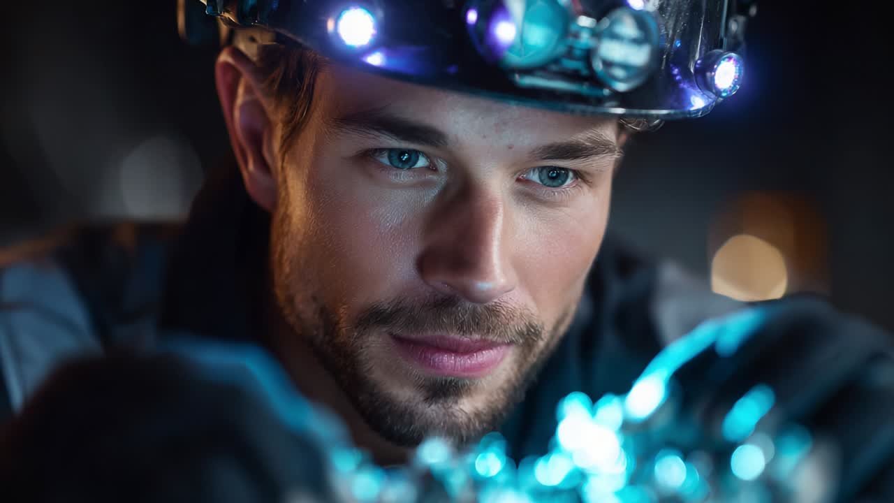Focused Technician in a Dark Environment Working with Complex Equipment Dressed in Safety Gear and Headlamp, Showcasing Skillful Attention to Detail and Precision in Technical Task at Hand