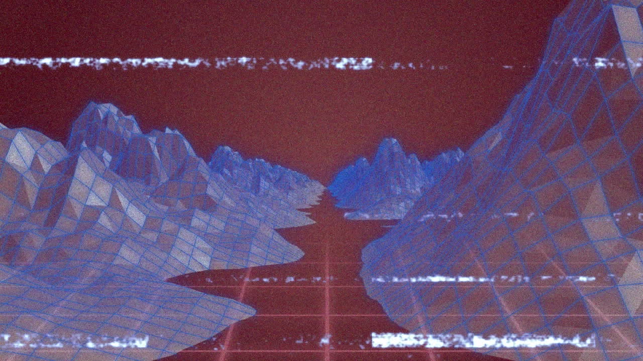 Animation of white lines of interference, over pink grid and blue landscape, on brown