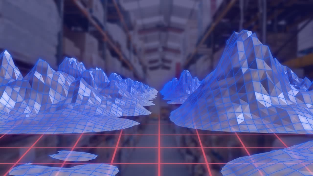 Animation of digital mountains over warehouse