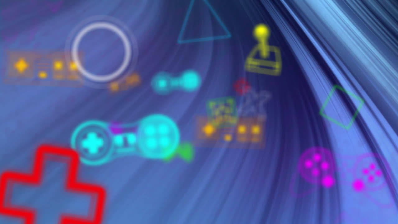 Animation of neon gaming icons over blue lines