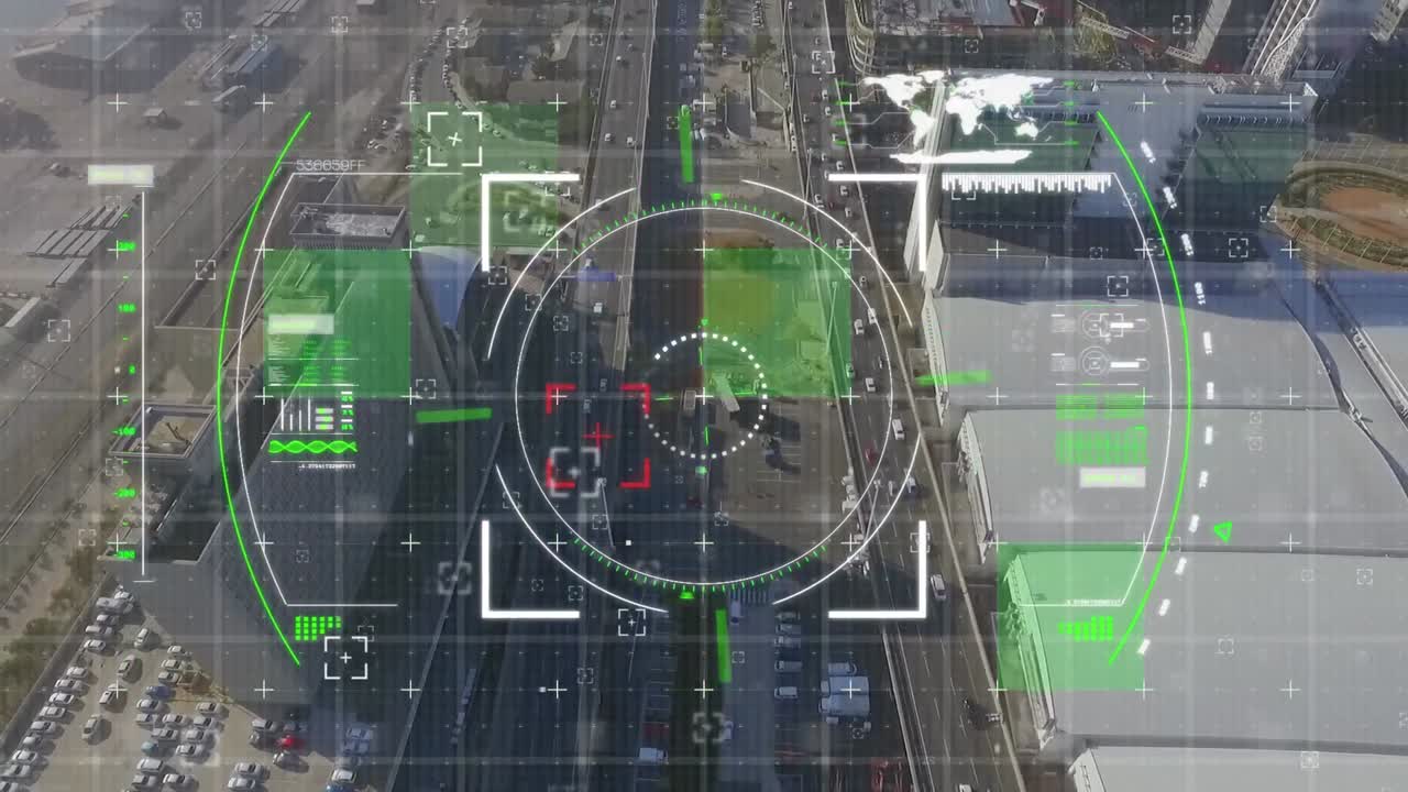 View finder and a view of a city with roads and cars