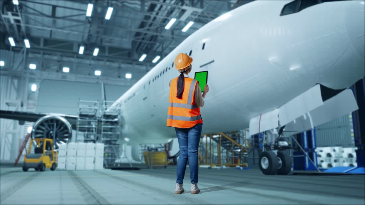 vista trasera completa del cuerpo de una ingeniera asiática con casco de seguridad de pie con el avión en el hangar. zoom en la tableta de pantalla verde y mirando a su alrededor mientras el mantenimiento del avión