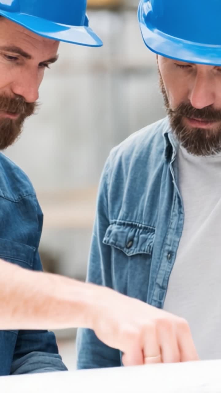 Two Construction Workers Collaborating on Project Plans While Wearing Blue Hard Hats, Focusing Intently on the Task at Hand in an Industrial Setting