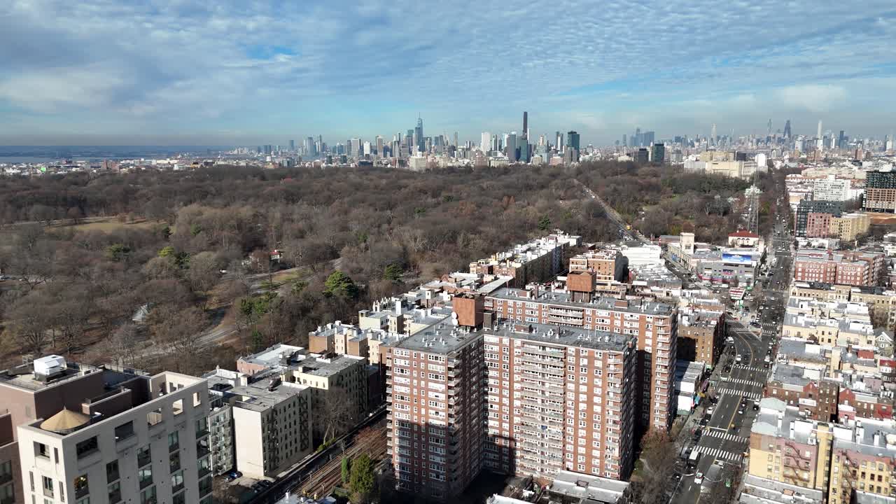 Horizontal drone push-in shot over Ocean Ave in Brooklyn, revealing New York’s vibrant urban streets, charming architecture, and dynamic skyline with a smooth aerial approach.
