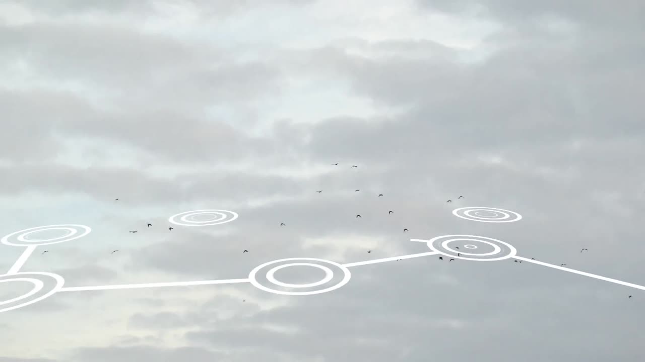 Animazione di una rete di connessioni con icone su cielo.