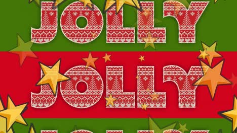 animación de texto alegre en patrón rojo y blanco en rayas rojas y verdes, con estrellas de navidad doradas