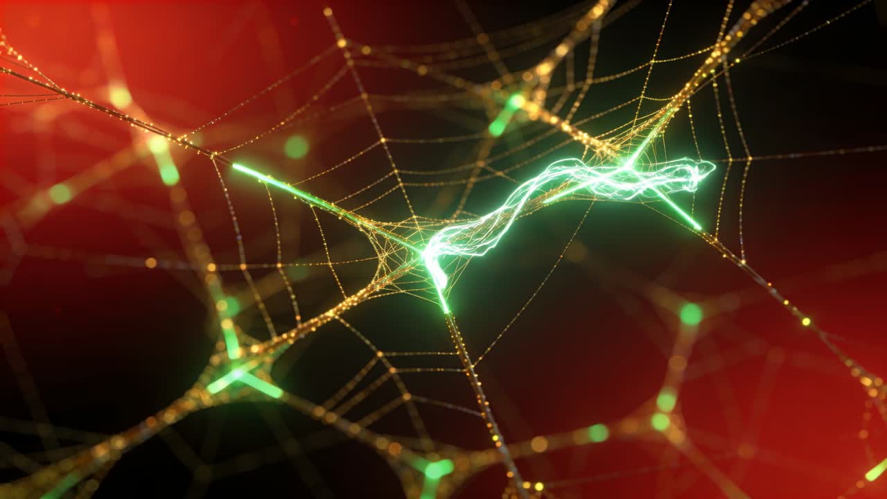 Web lattice pulsing from lit nodes, sending neon-green currents along filaments, aiding technology