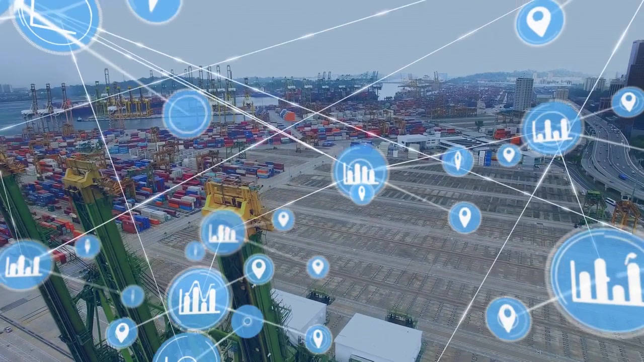 Animation of network of connections with icons over shipyard