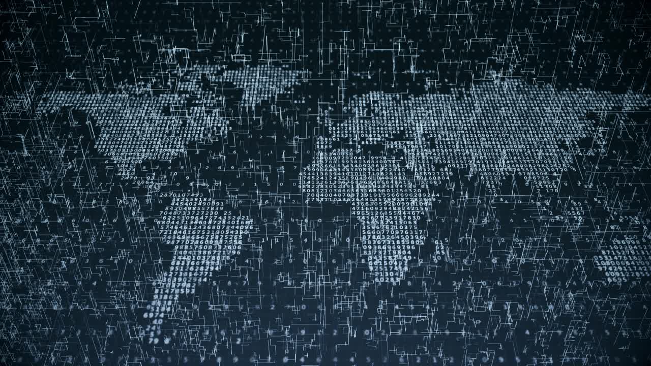 Looping Digital World Map of Binary Code and Numbers on Futuristic Global Network Background