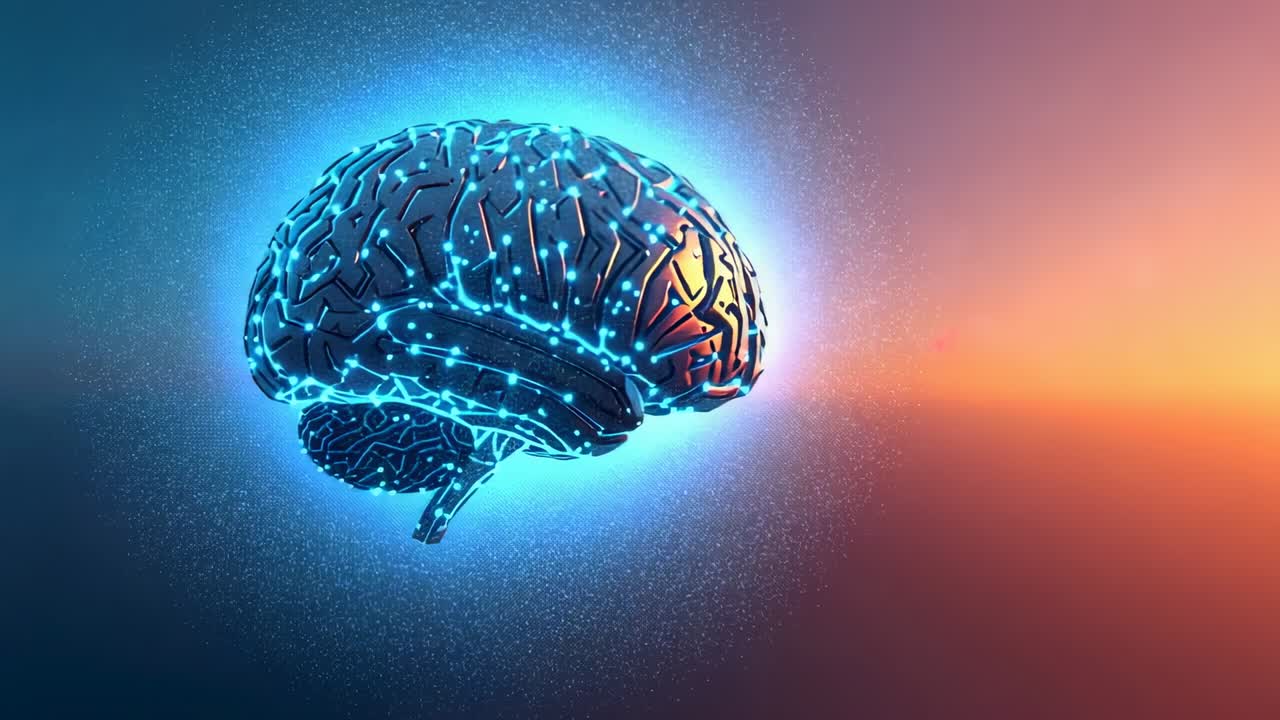 Bagliore ciano che attiva i nodi luminosi del modello del cervello in uno sfondo sfumato, che mostra la funzione, spazio per la copia