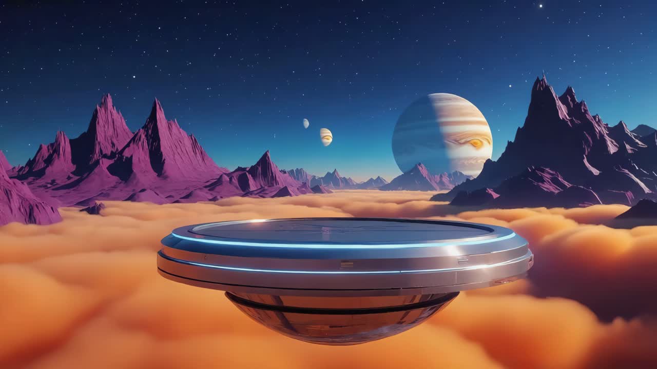 Futuristisk plattform svevende over et fremmed skydekke med fjerne planeter