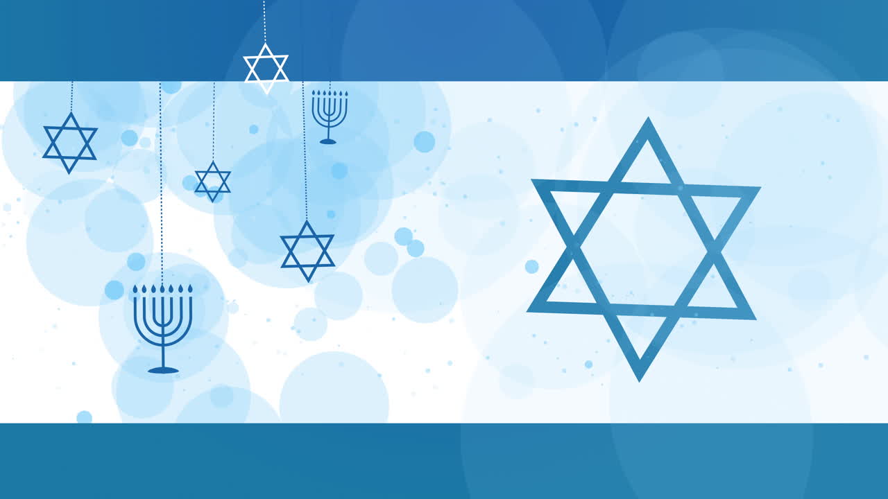 Flag of Israel with state symbol. Star of David and menorah religious symbols. Abstract looped animation in blue and white colors.