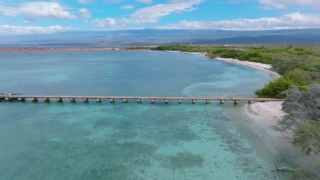 Drone-flight-over-tropical-Playa-Cabo-Rojo,-Pedernales,-Dominican-Republic