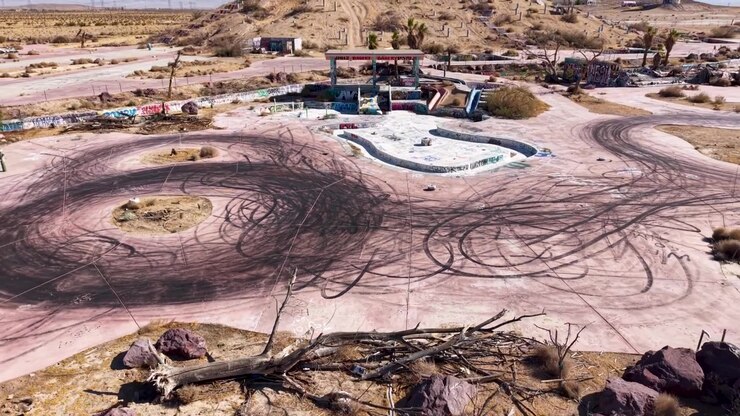 As the drone pulls away and rises into the air a dilapidated abandoned waterpark is exposed. The ruins of a once popular summer destination are now coated in graffiti and rotting in the desert sun.