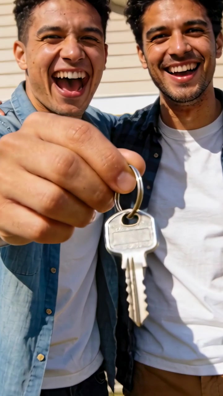 Video verticale: Due uomini che si tengono per il braccio, con le chiavi di una casa, in jeans e camicia scura, che celebrano la nuova casa.