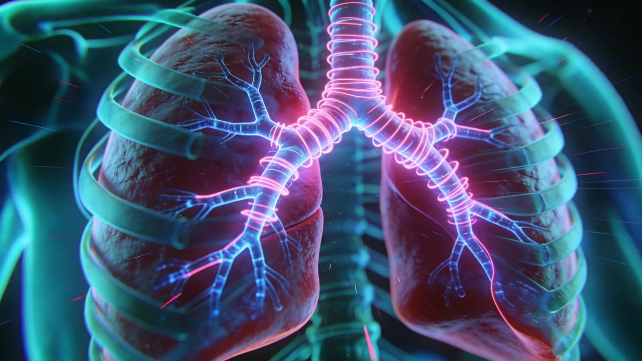 Animating paired lungs showing tracheal pulse propagating light into bronchi and rib arcs in thorax