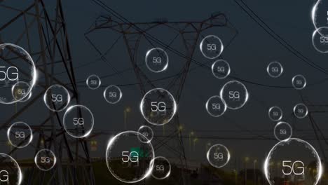 animation of network of 5g text over electrical pylons