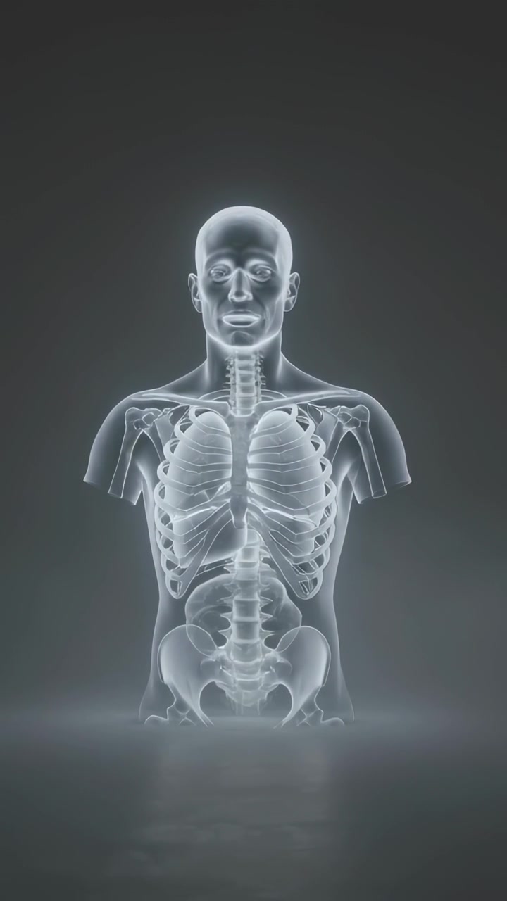 Video verticale: Inizio del rendering di un busto che respira e gira la testa in uno studio con costole illuminate per lo studio
