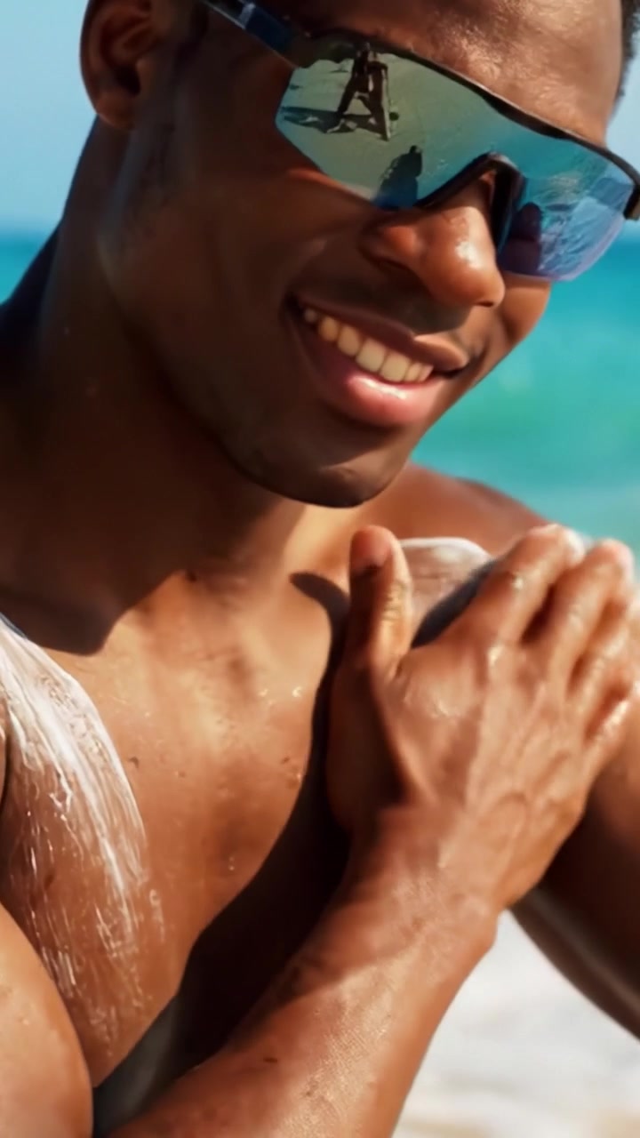A Smiling Young Man Applying Sunscreen While Enjoying a Day at the Beach Under Bright Sunlight, Emphasizing Sun Protection and Healthy Skin Care