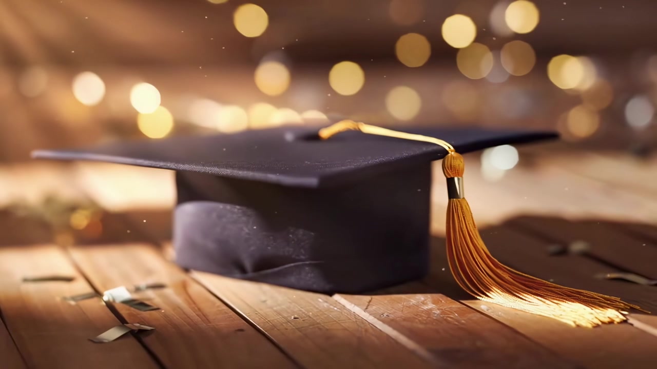 Primo piano di tocco di laurea con nappa dorata e luci bokeh