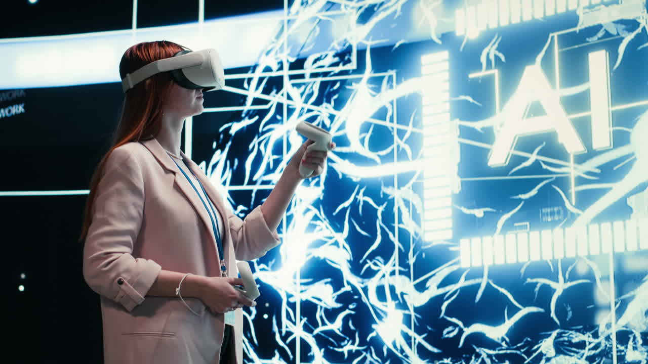 Young Woman Interacting with AI in Virtual Reality Environment