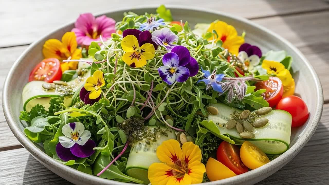 A Colorful Salad Feast Featuring Vibrant Edible Flowers, Fresh Vegetables, and Wholesome Greens for a Healthy Delight