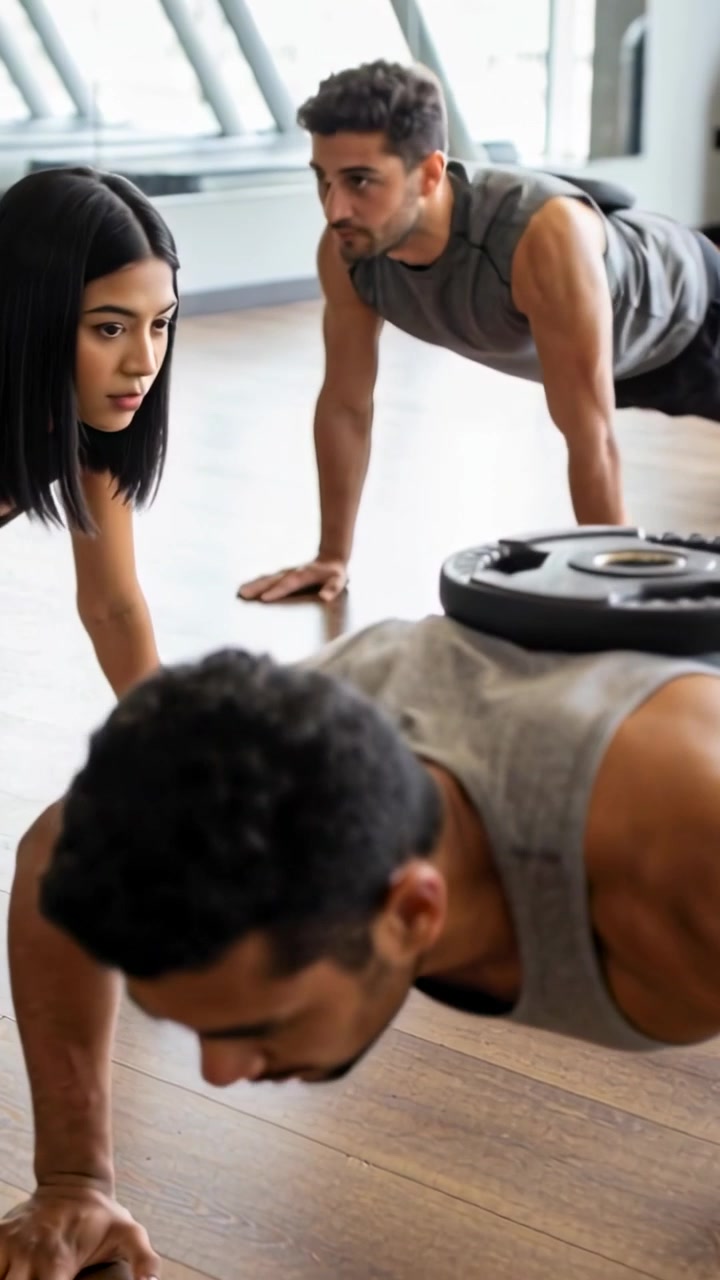 Video vertical: Comenzando el entrenamiento, un hombre con camiseta gris haciendo flexiones con peso en el gimnasio con un disco