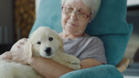 La-Mujer-Mayor-Está-Descansando-En-Una-Silla-Con-Un-Cachorro-En-Sus-Brazos.-Comodidad-En-El-Hogar-Y-Vejez-Segura