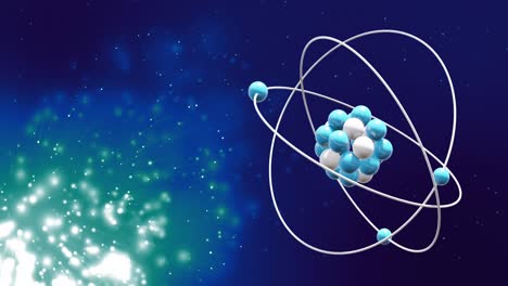 Animation-Eines-Atommodells,-Das-Sich-über-Leuchtende-Lichtpunkte-Auf-Blauem-Hintergrund-Dreht