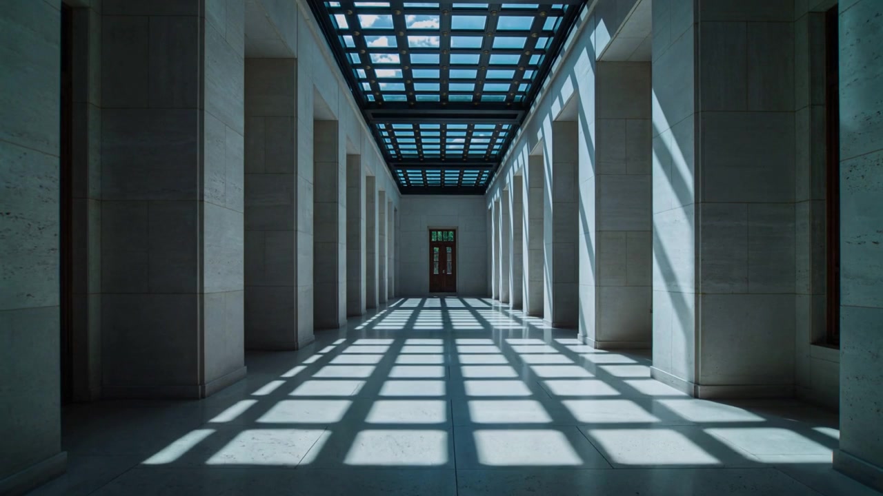 Angolo del sole che cambia, luce solare che proietta ombre a griglia attraverso il corridoio centrale di un museo, con lucernario.